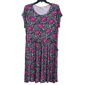Boden Womens Plus Sz 20/22R Tropical Flamingo Palm Jersey Pocket Dress Navy Pink